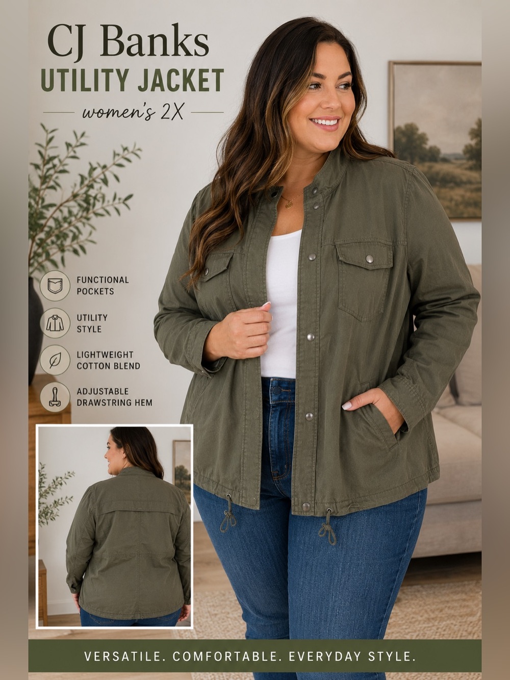 CJ Banks Women’s 2X Olive Green Utility Military Jacket Cotton Blend